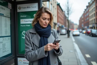 Femme consultant l'horaire du bus 172 en temps réel sur son smartphone à un arrêt de bus urbain