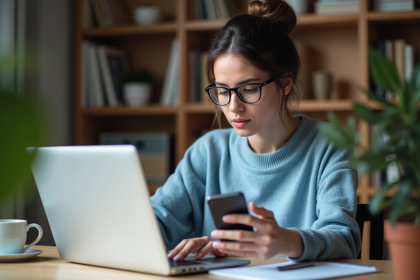 Femme concentrée travaillant sur son ordinateur à domicile