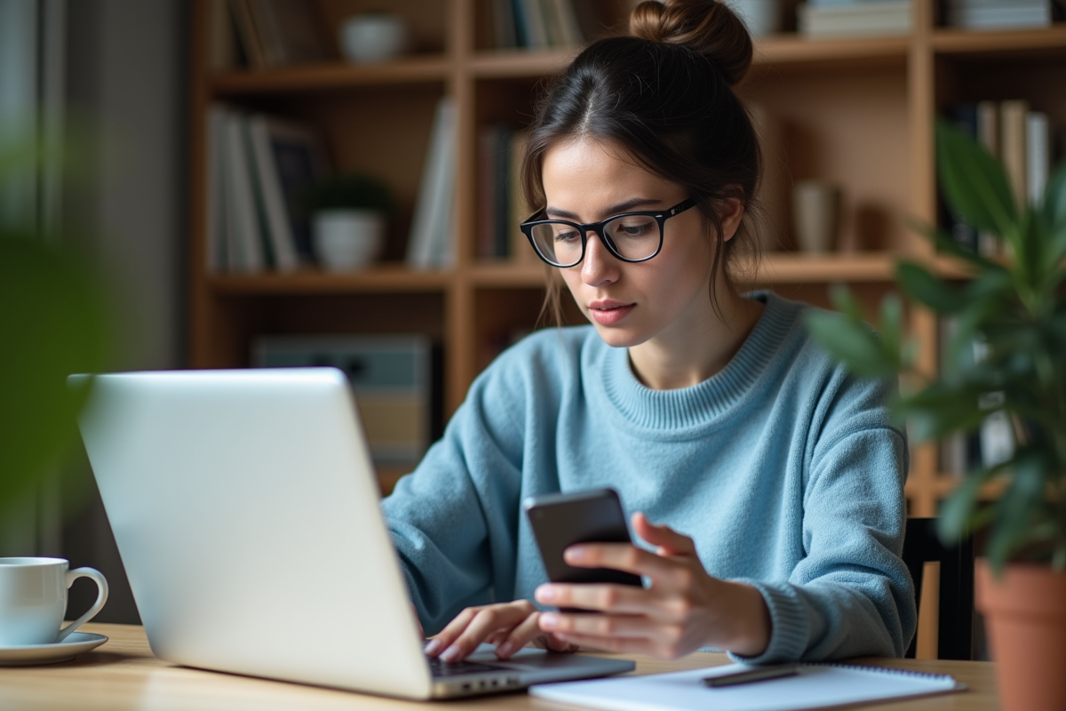 Femme concentrée travaillant sur son ordinateur à domicile