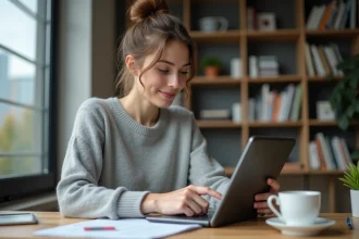 Jeune femme utilisant une calculatrice sur tablette à son bureau
