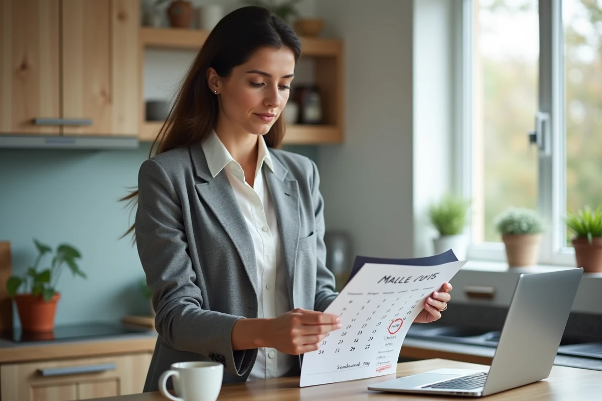 Femme vérifiant les jours fériés de mai sur un calendrier depuis son domicile
