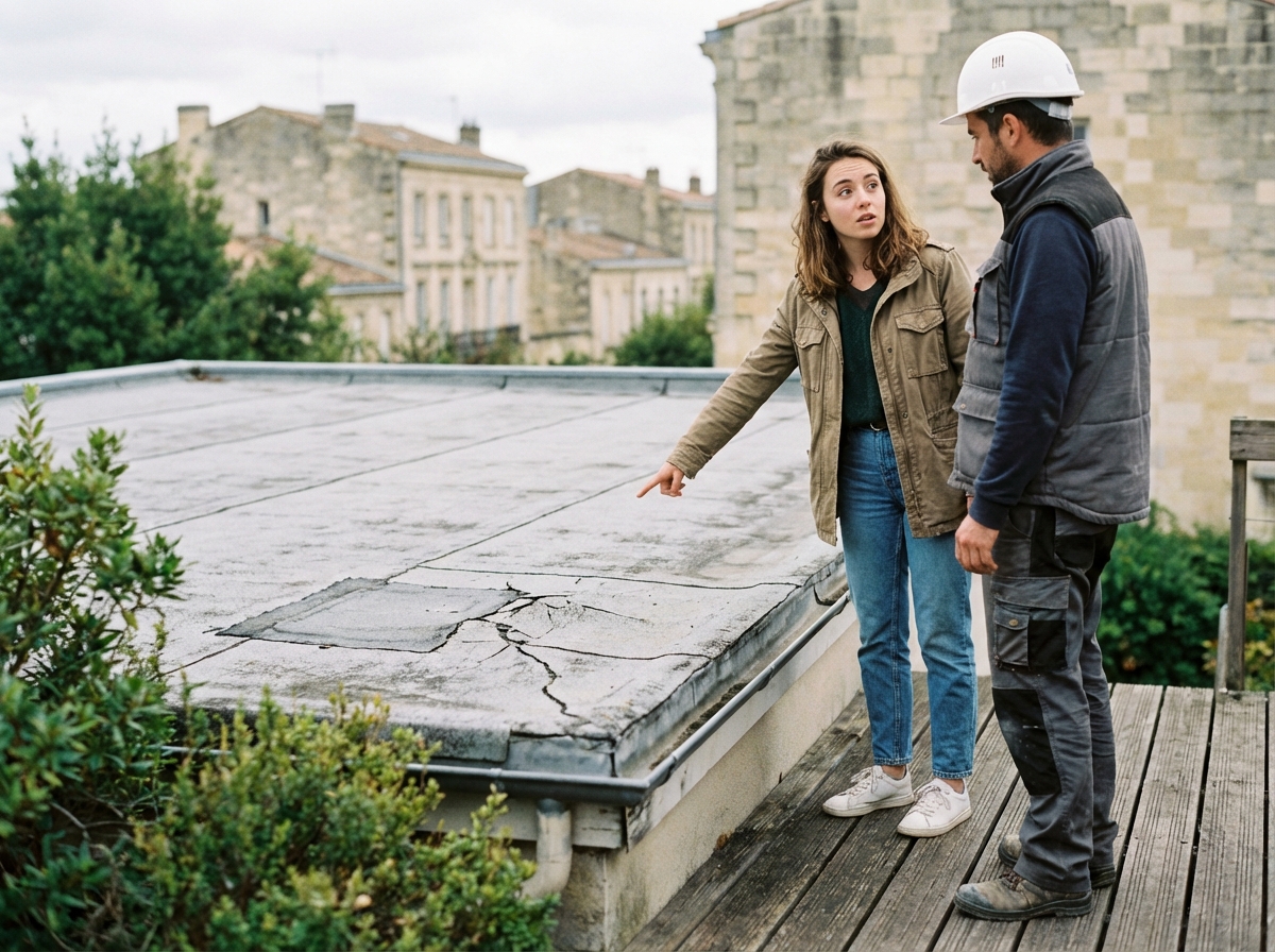 Femme pointant un toit en discussion avec un professionnel