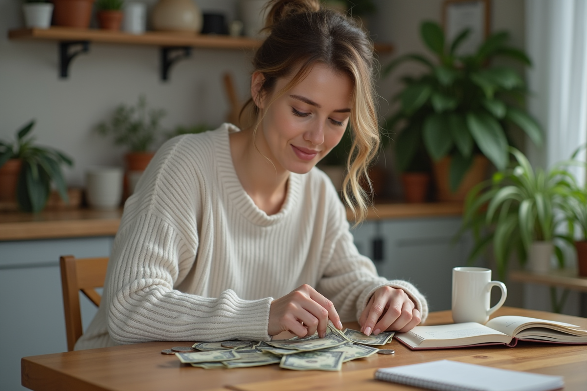 Femme assise comptant des billets dans la cuisine