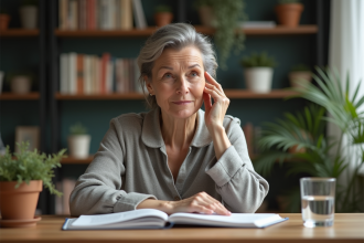 Femme concentrée lisant dans un bureau calme