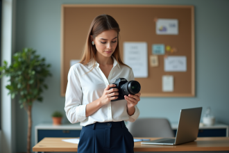 Femme en blanc et marine ajuste un mode de caméra