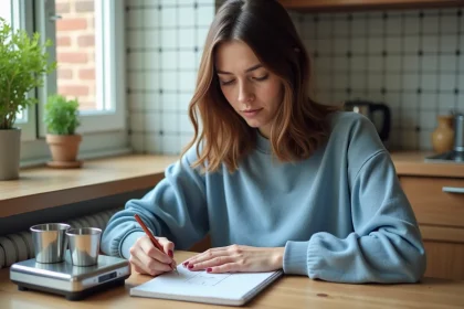 Jeune femme &eacute;crivant la formule de conversion grammes kilogrammes