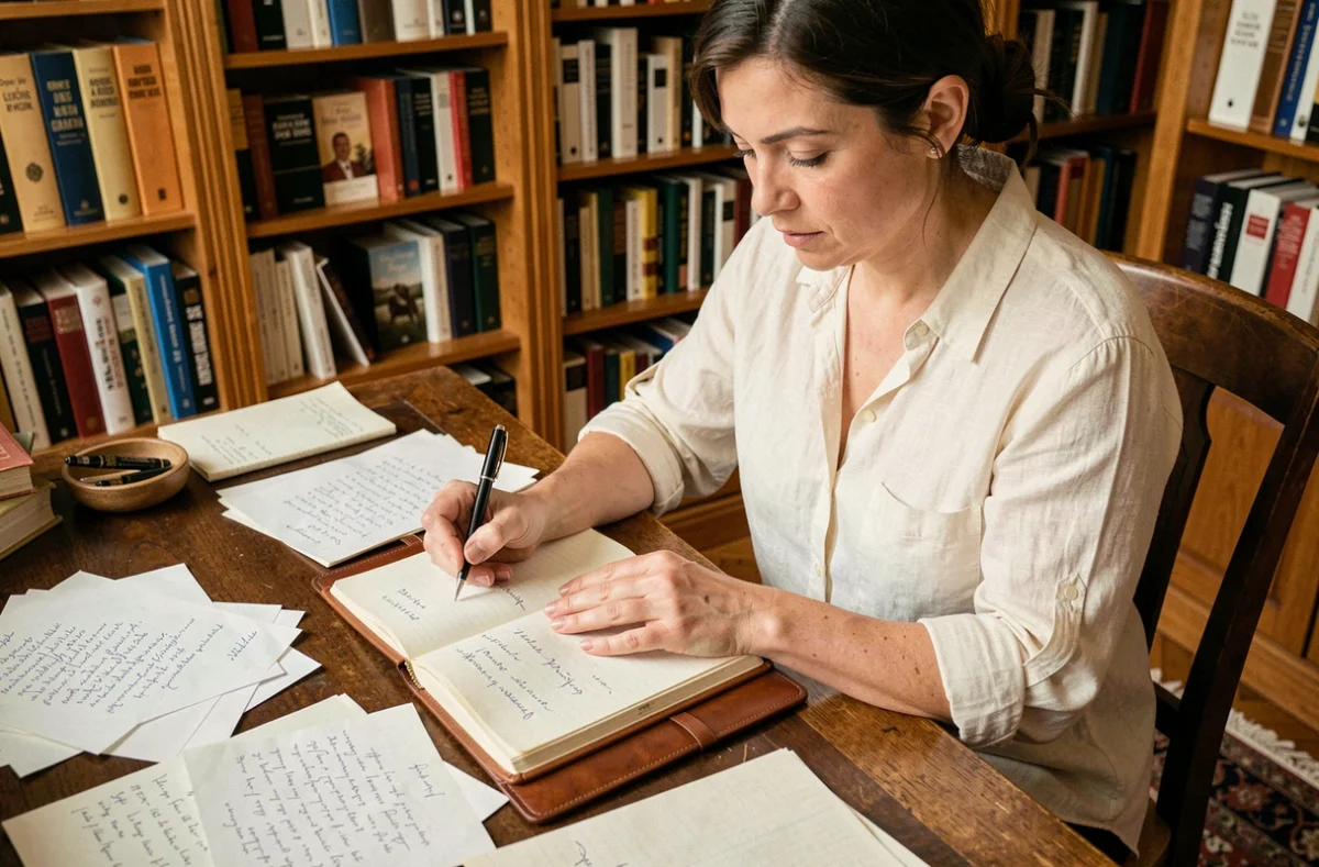Femme écrivant de la poésie à la main dans un carnet en cuir, entourée de pages manuscrites dans une bibliothèque vintage