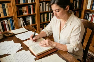 Femme écrivant de la poésie à la main dans un carnet en cuir, entourée de pages manuscrites dans une bibliothèque vintage