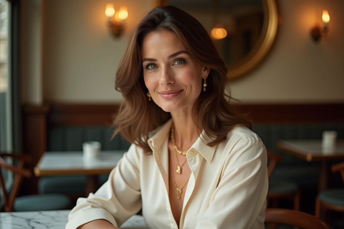 Femme élégante française assise dans un café parisien, portrait éditorial raffiné illustrant la fascination du public pour les personnalités médiatiques