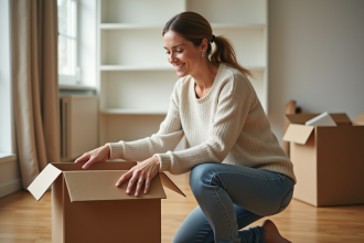 Femme d'âge moyen emballant des objets dans un appartement lumineux