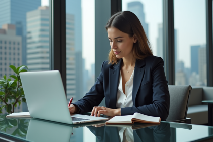 Femme confiante analysant des graphiques boursiers