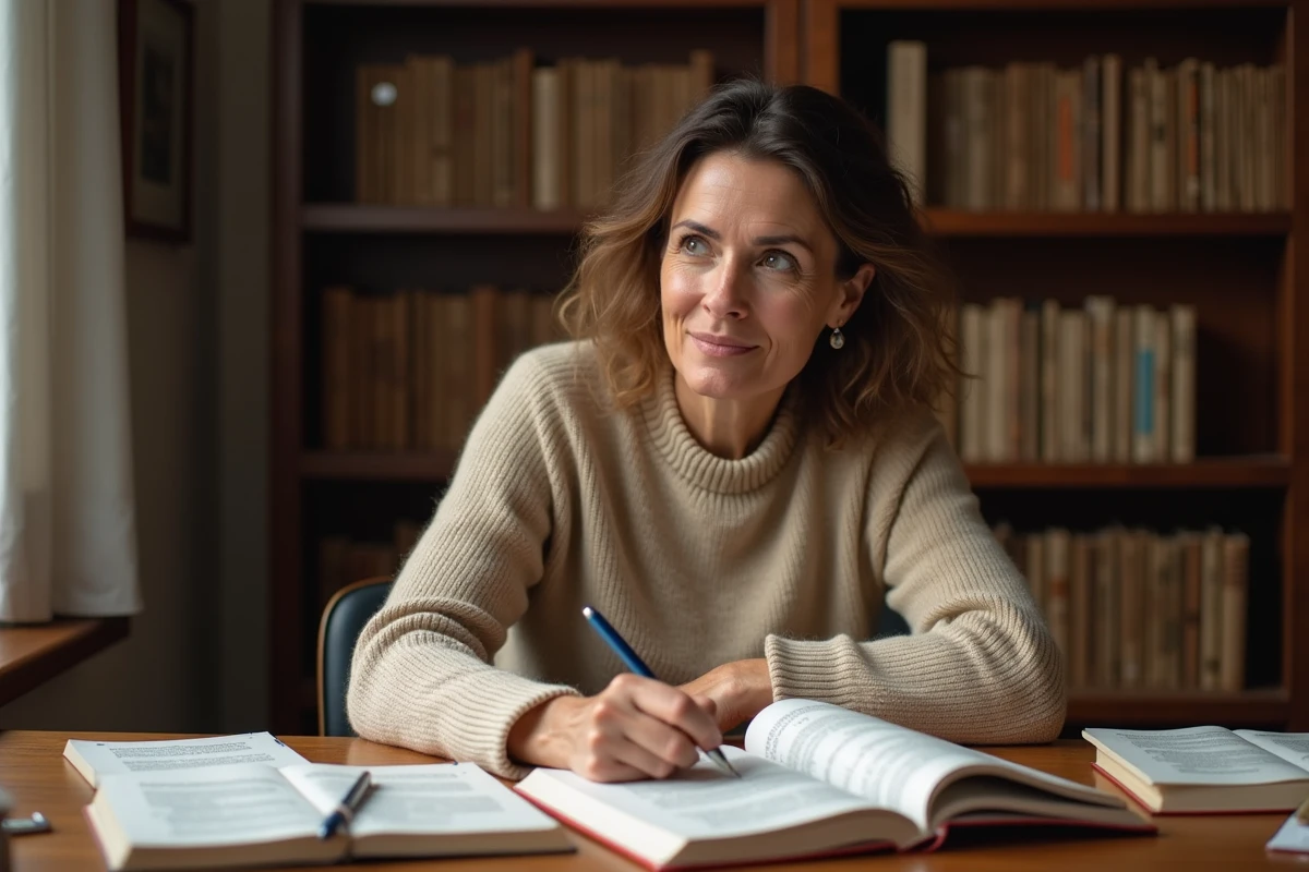 Femme écrivant dans un cahier de grammaire française avec des livres ouverts sur un bureau en bois