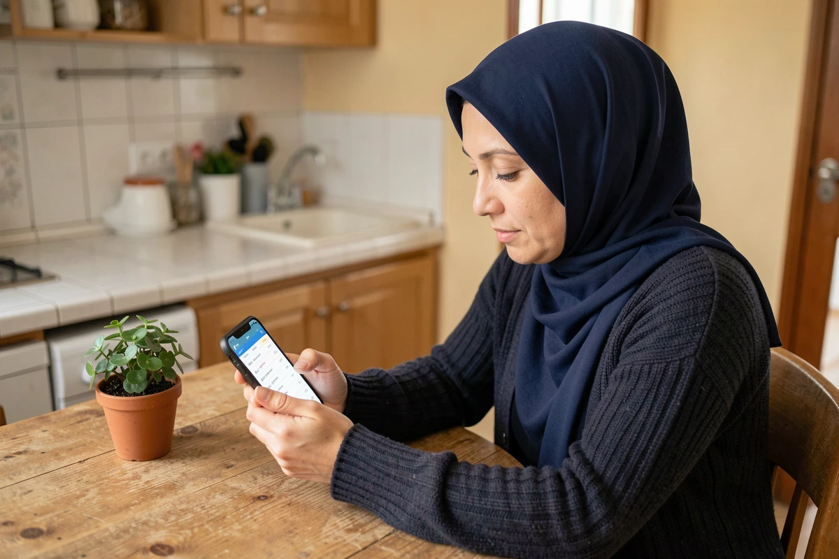 Femme consultant les horaires de prière sur son téléphone dans une cuisine à Mons-en-Barœul