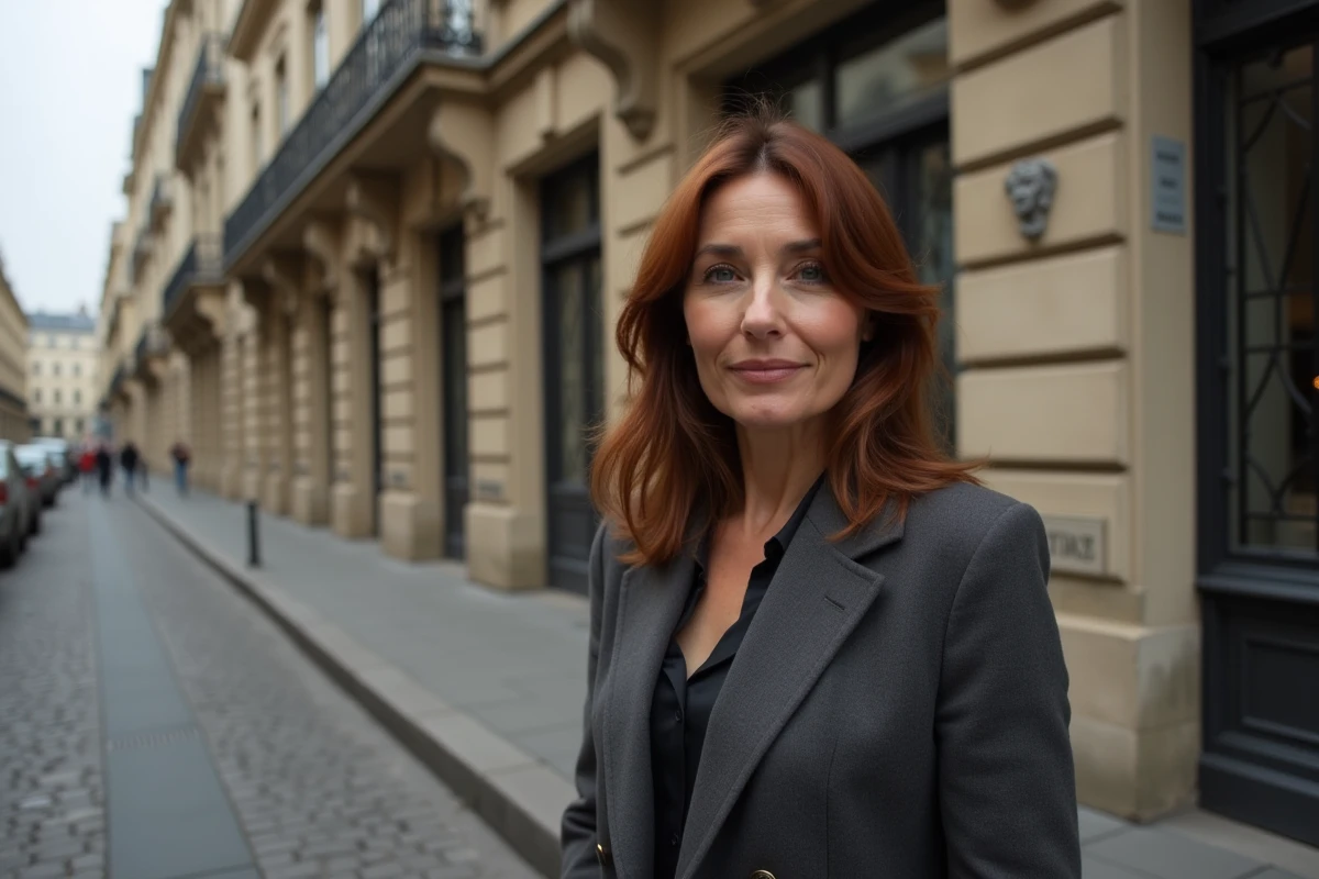 Femme sophistiquée devant un immeuble haussmannien parisien, personnalité publique française dans un cadre architectural emblématique