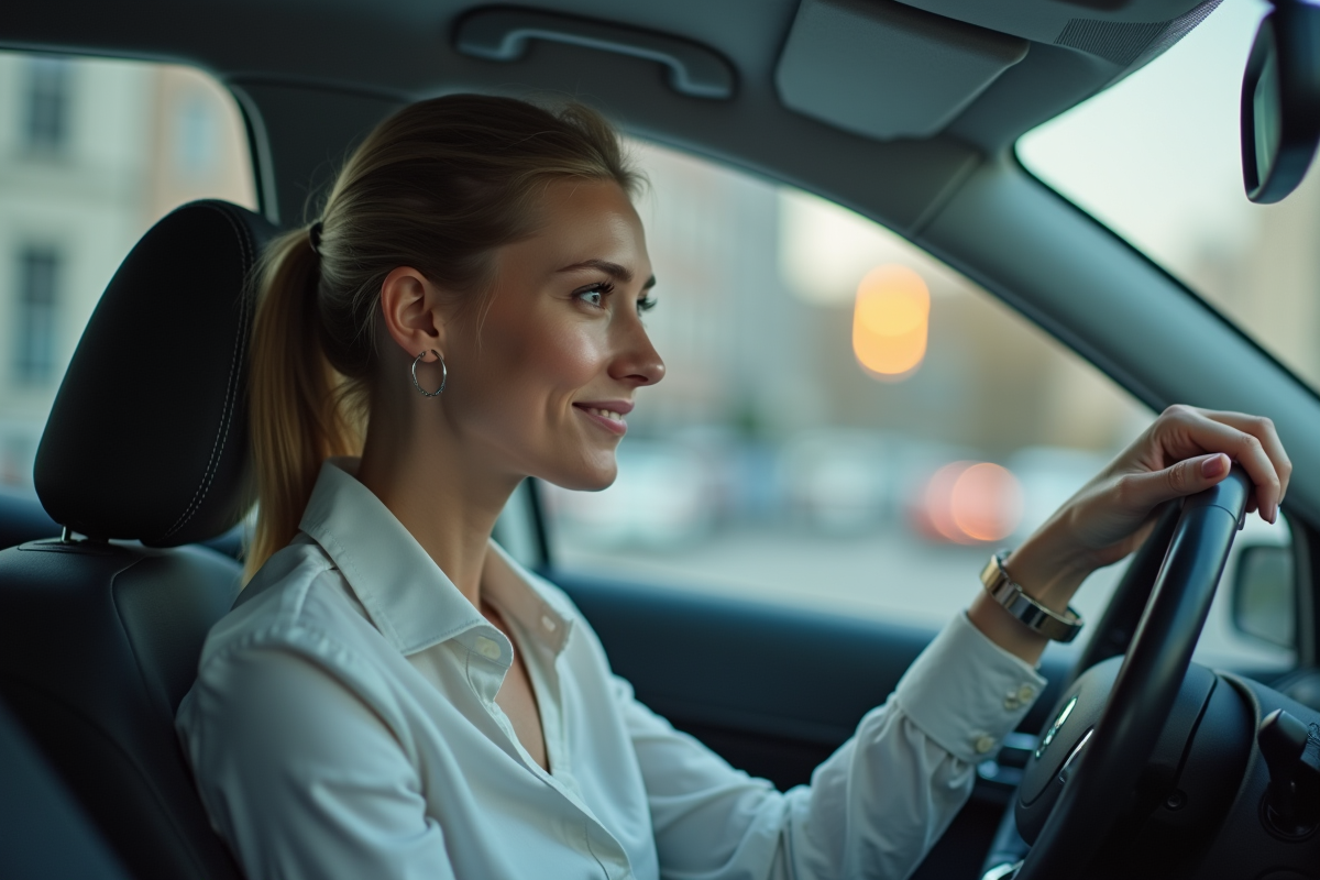 Jeune femme dans une voiture diesel regarde par la fenêtre