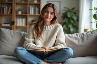 Femme en intérieur journalisant dans un appartement lumineux