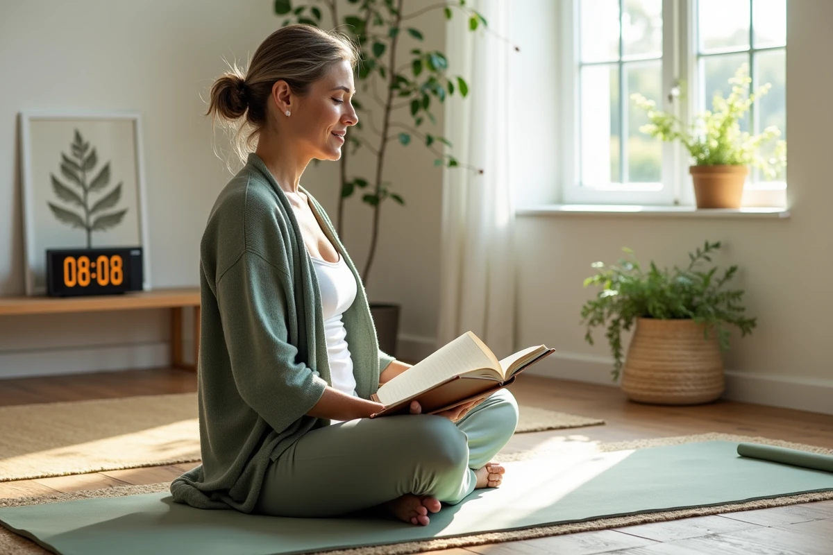 Femme en méditation avec un journal et une horloge affichant 08h08 en arrière-plan, représentant la spiritualité de l'heure miroir