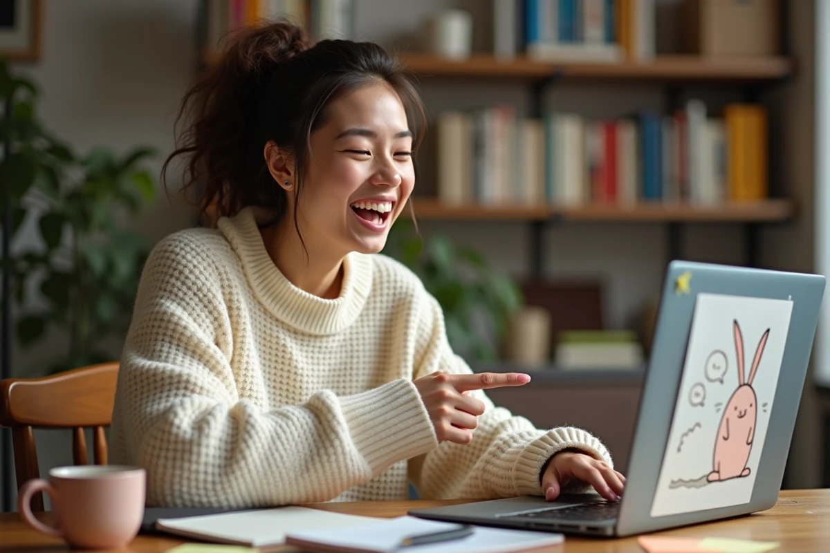 Jeune femme souriante devant son ordinateur portable montrant un mème du lapin d'Alice au Pays des merveilles pour illustrer son utilisation sur les réseaux sociaux