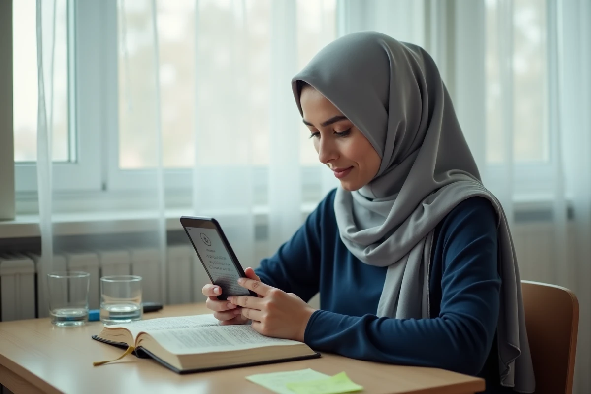 Jeune femme musulmane consultant la dua Istikhara sur son smartphone à côté d'un Coran ouvert