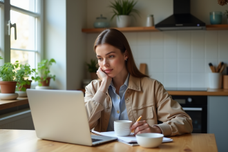 Femme organisée vérifiant ses dépenses sur un ordinateur portable