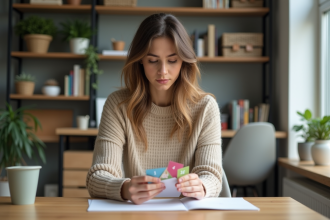 Jeune femme organisée avec cartes colorées dans un bureau
