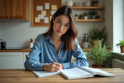 Jeune femme écrivant dans un planner dans la cuisine