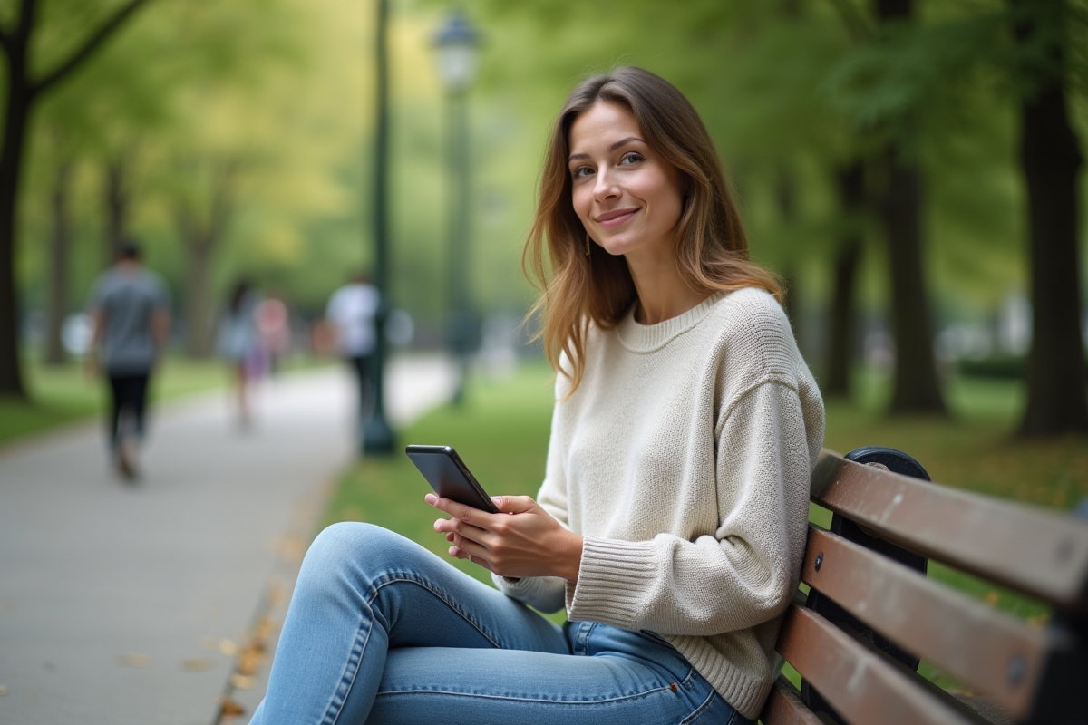 Femme assise dans un parc avec smartphone et sourire