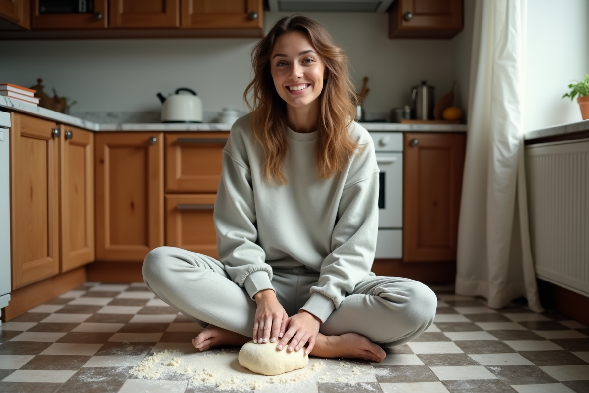 Jeune femme pétrissant la pâte dans la cuisine lumineuse