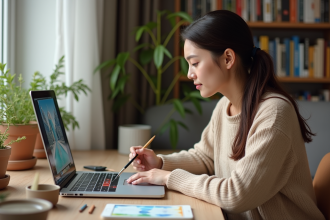 Jeune femme en sweater beige peignant par numéros dans un salon