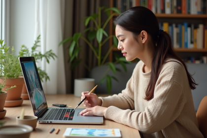 Jeune femme en sweater beige peignant par numéros dans un salon