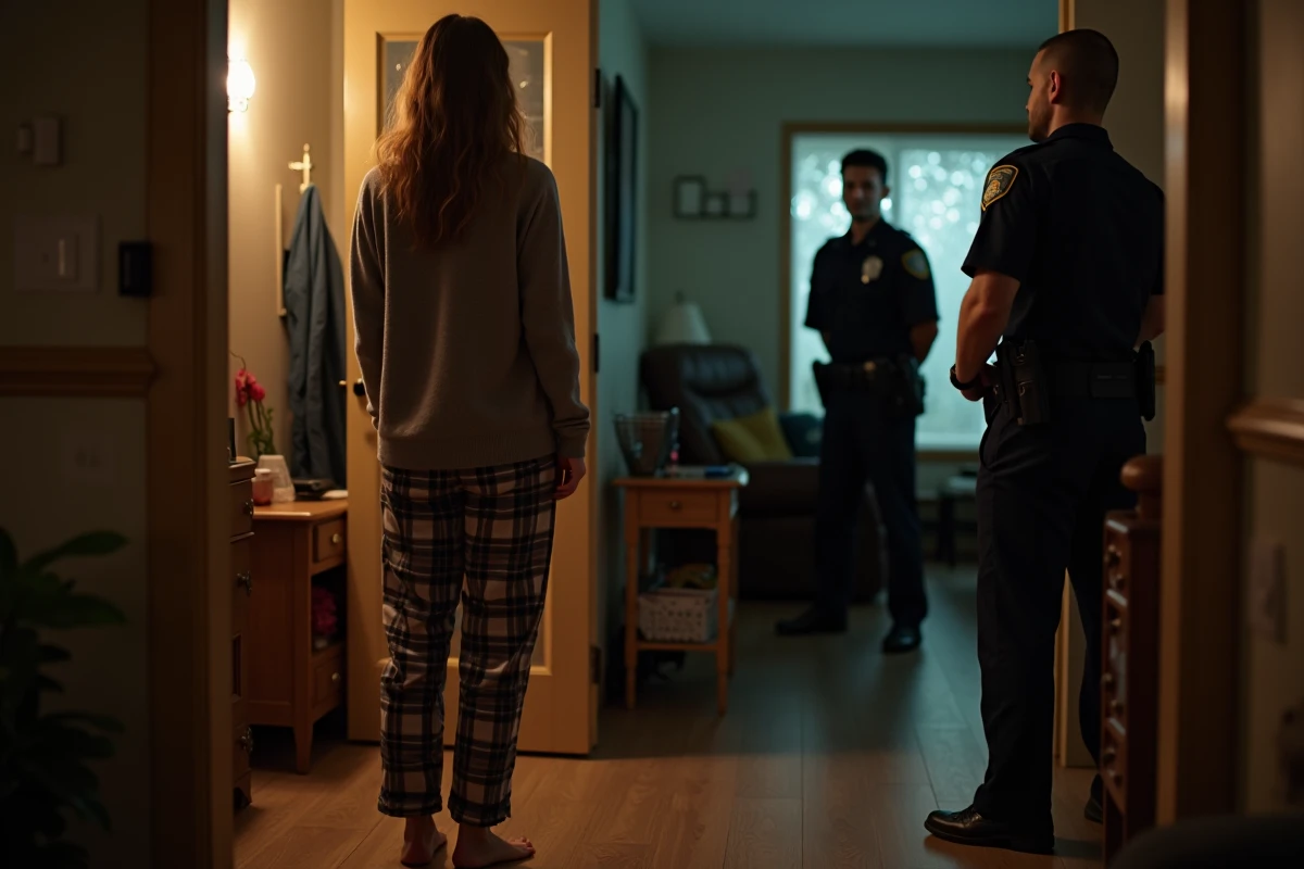 Femme parlant aux policiers à la porte de sa maison la nuit