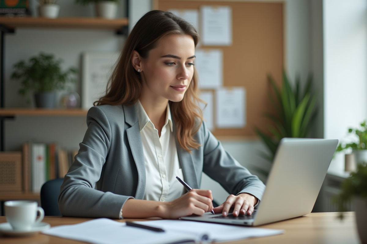 Jeune femme préparant un agenda dans son bureau