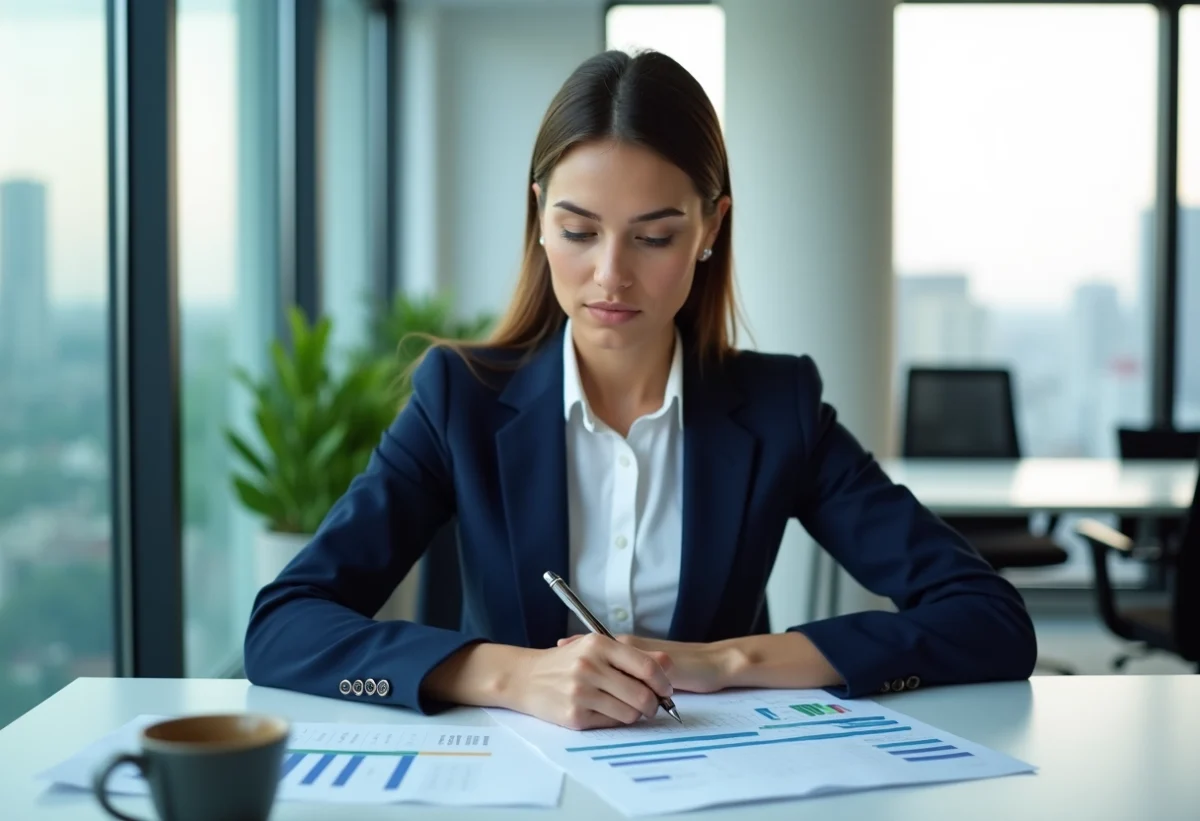 Jeune femme en blazer navy planifiant un projet au bureau