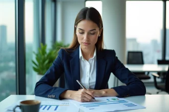 Jeune femme en blazer navy planifiant un projet au bureau