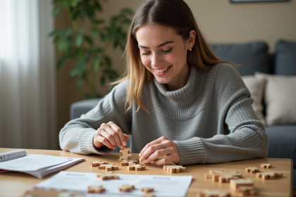 Jeune femme en sweater gris assemble un puzzle en bois dans un salon lumineux