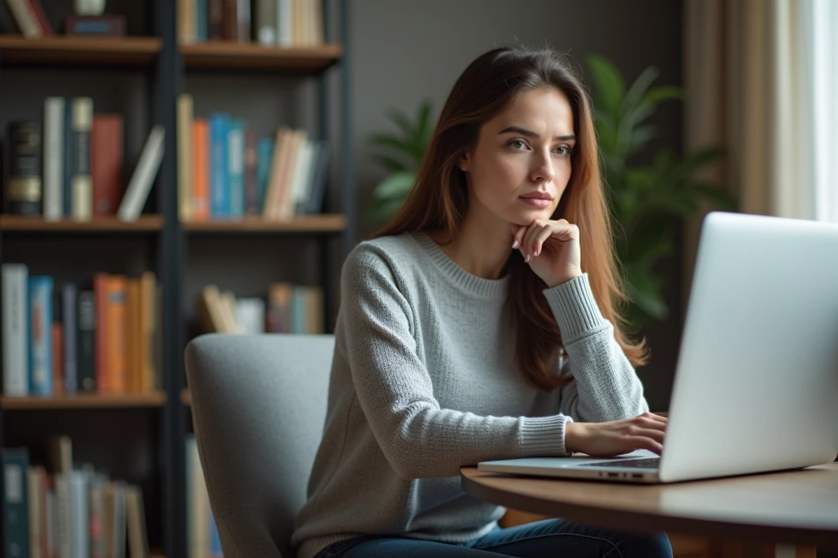 Femme concentrée regardant un ordinateur dans un bureau à domicile