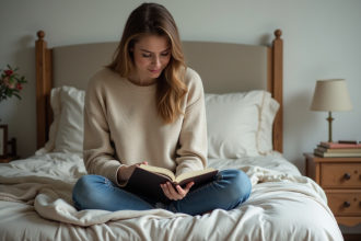 Femme pensante en intérieur avec journal et ambiance calme