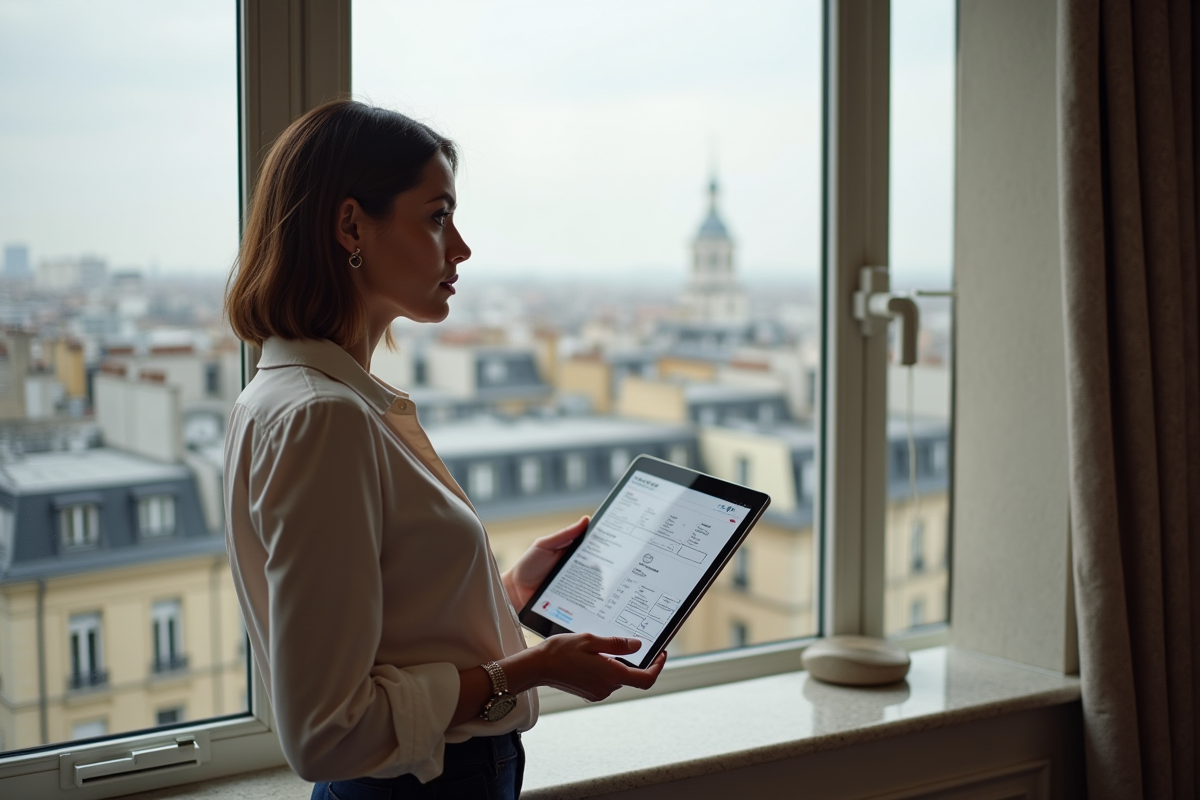 Femme regardant Paris avec un tablette de taxes