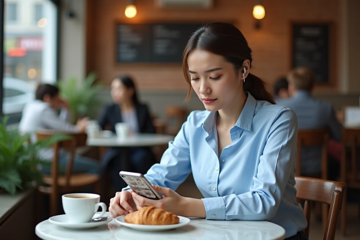 Jeune femme lisant un scan One Piece sur smartphone dans un café pendant sa pause, avec un expresso sur la table
