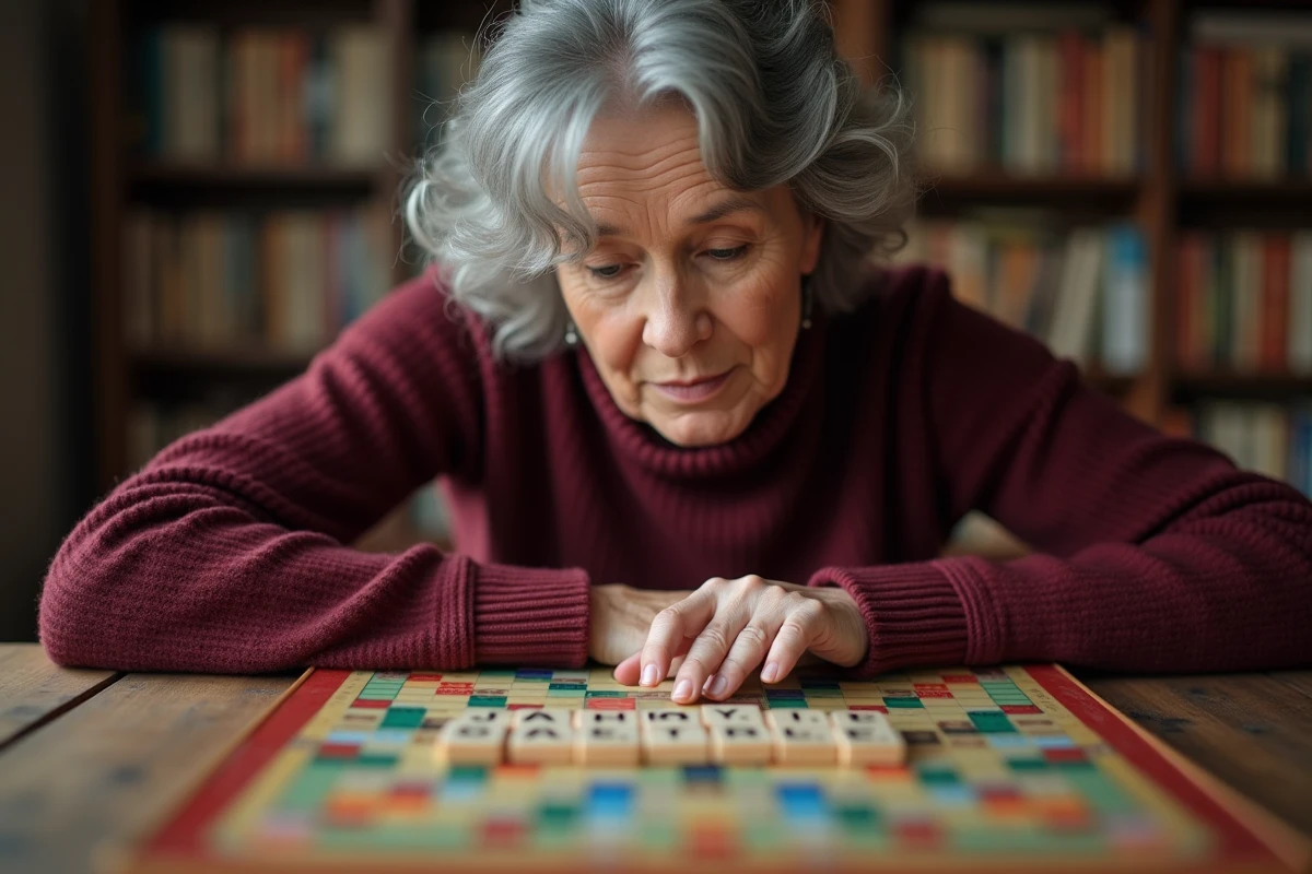 Femme concentrée jouant au Scrabble et cherchant un mot avec des lettres sur un plateau en bois