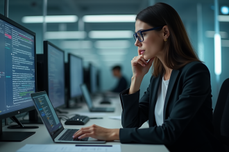 Femme concentrée devant son ordinateur en cybersécurité