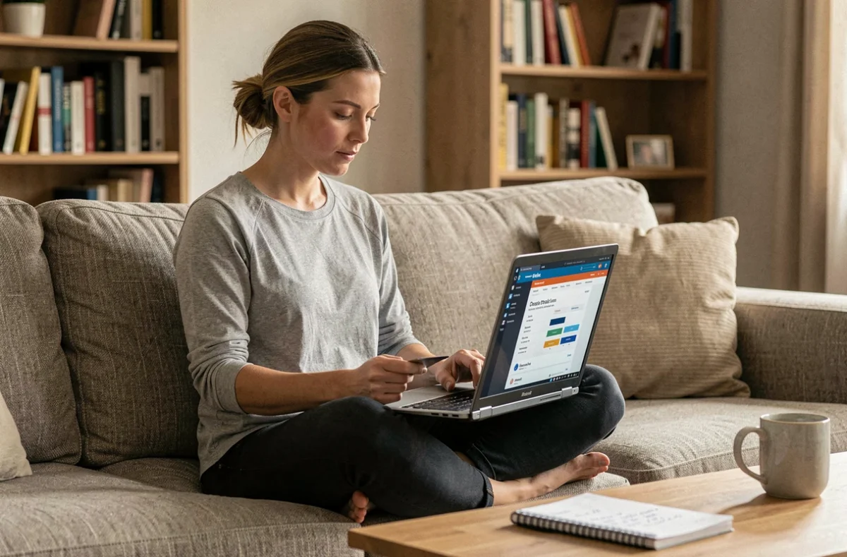 Femme comparant les offres gaming du Cyber Monday sur un laptop depuis son salon