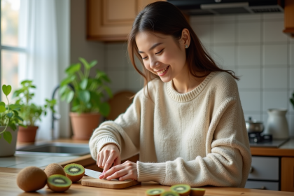 Jeune femme coupant un kiwi dans une cuisine chaleureuse