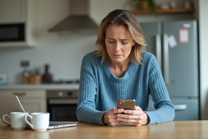 Femme dans la cuisine regarde son smartphone avec un appel international