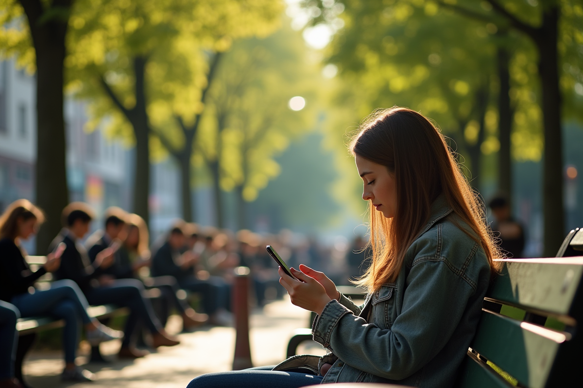 Jeune femme seule sur un banc de parc pensant