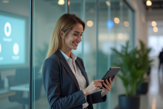 Femme souriante utilisant une tablette futuriste dans un bureau moderne