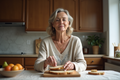 Femme d'âge moyen étalant une tranche de pain complet dans la cuisine