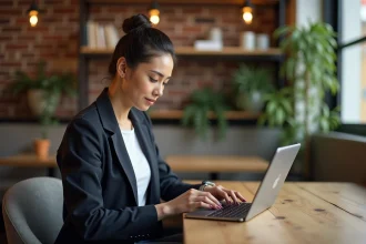 Jeune femme professionnelle travaillant sur une tablette dans un café