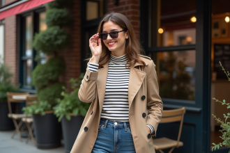 Femme élégante en trench beige devant un café urbain