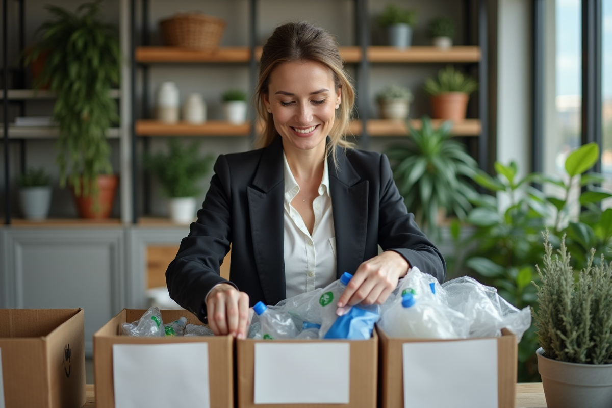 Femme d'affaires triant des recyclables dans un bureau écologique
